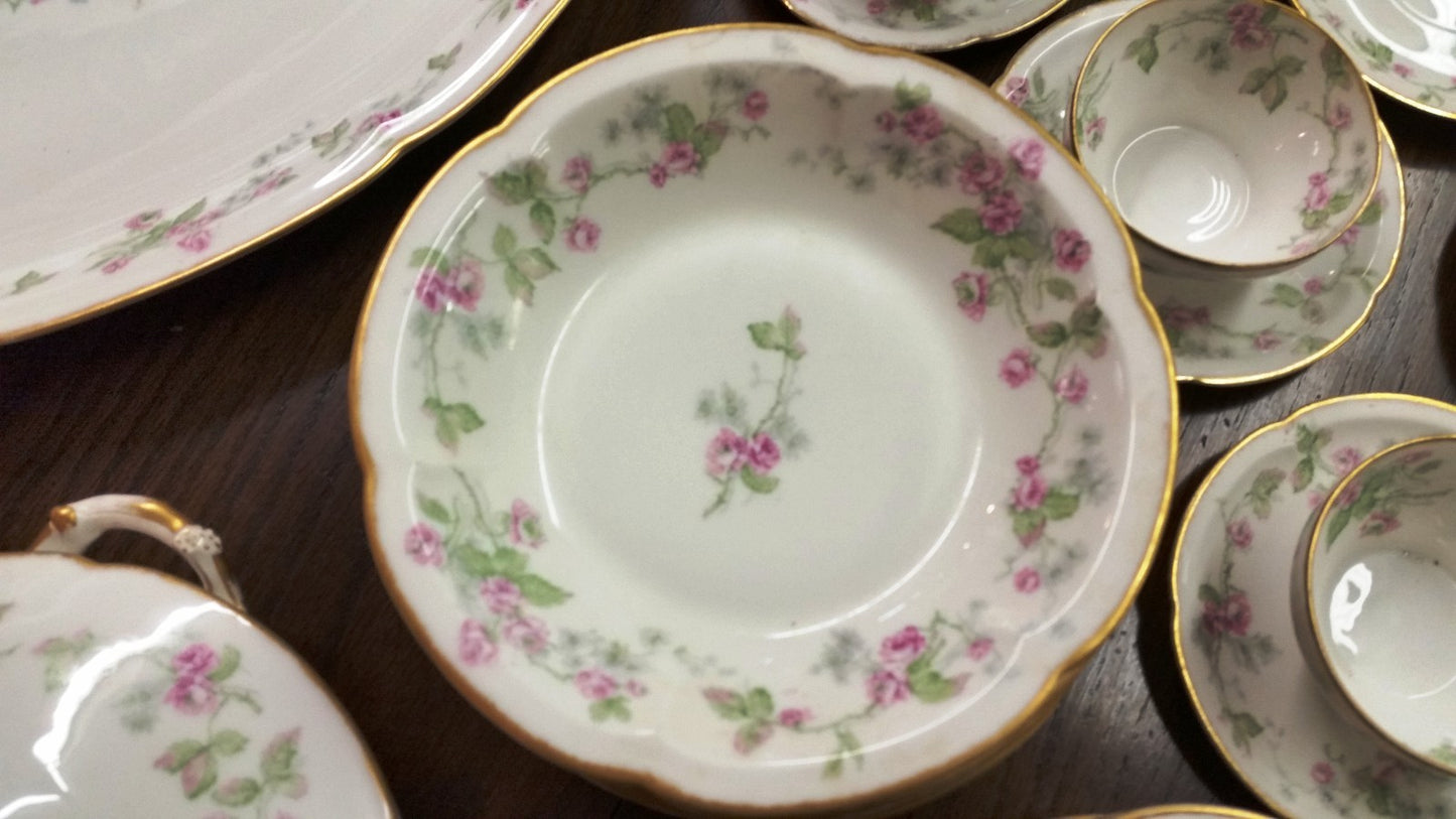 T Haviland  Set of 9 Dessert Bowls Pink Roses/Green Leaves/Sm Gray Flowers S161V