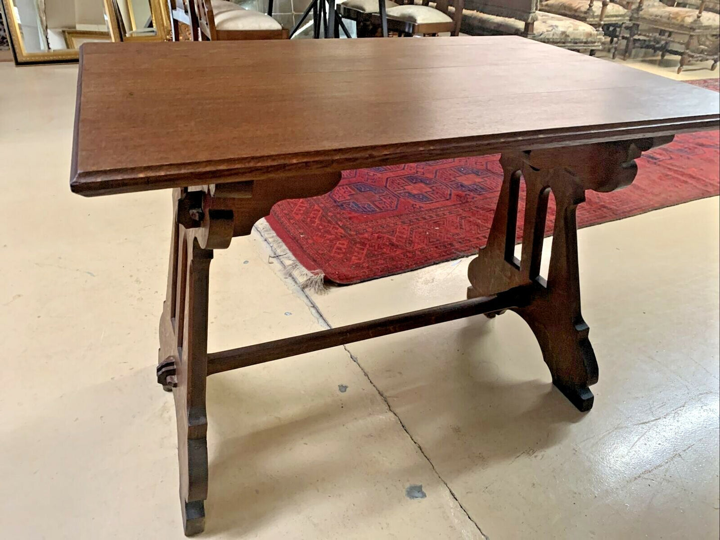 Antique French Solid Oak Gothic Ogee Writing Desk Table Bureau Plat Trestle