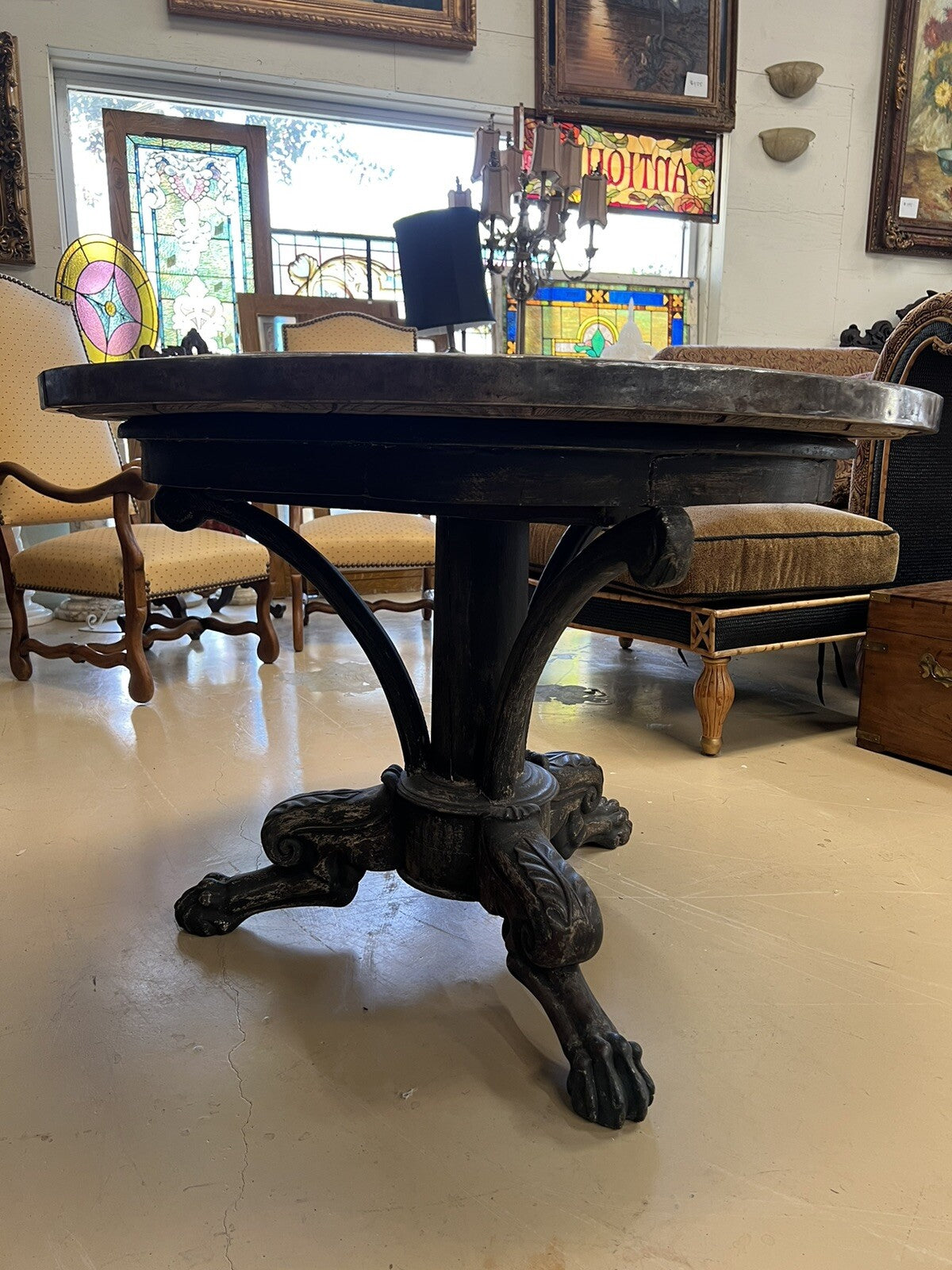 French gueridon table with planked top with stainless edge