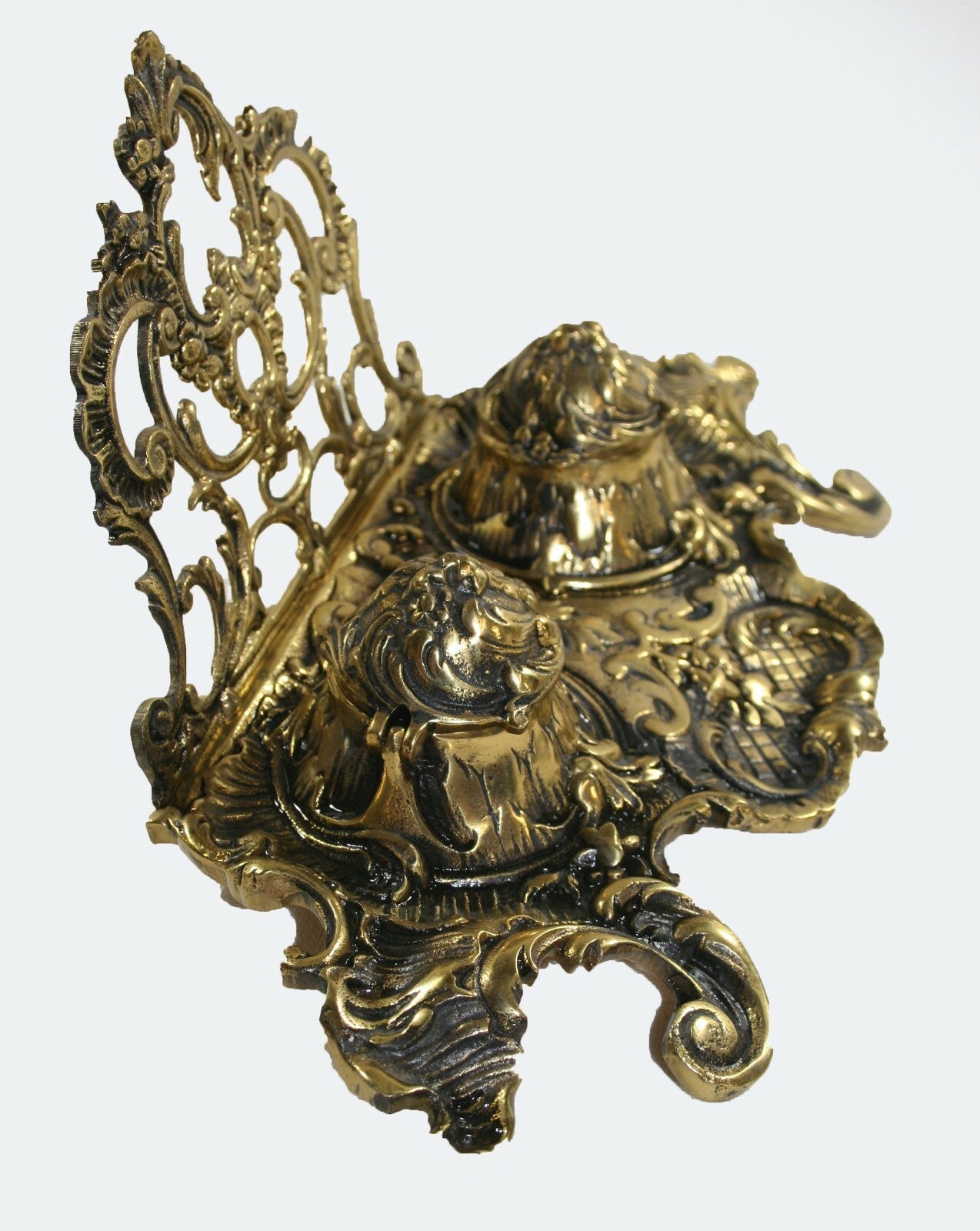 Antique Brass Desk Set 2 Ink Wells w Hinged Lids all works fine  13.5" wide