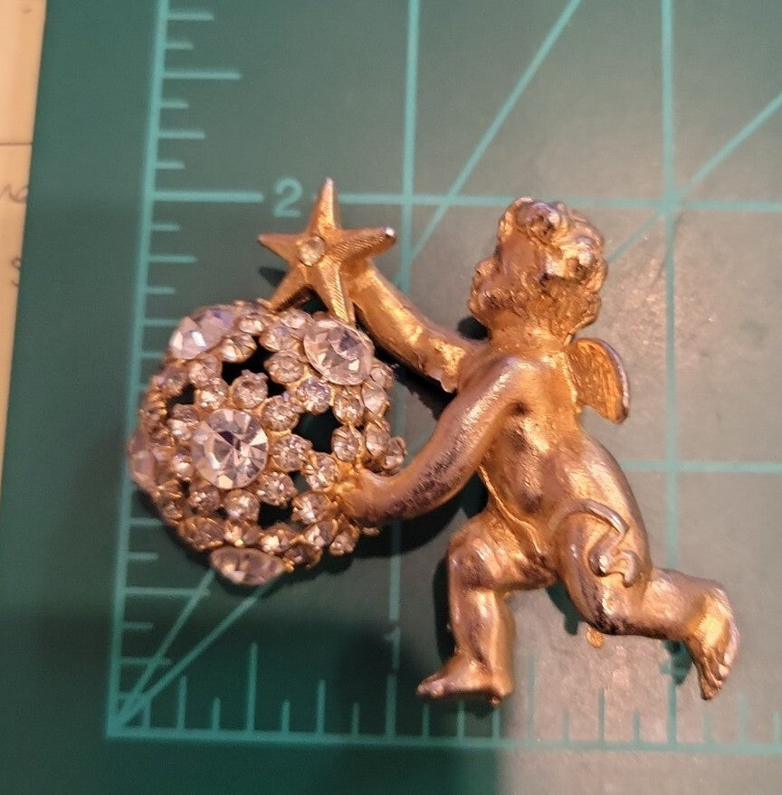 Vintage Designer Signed De Nicola Angel Baroque Rhinestones Pin Brooch