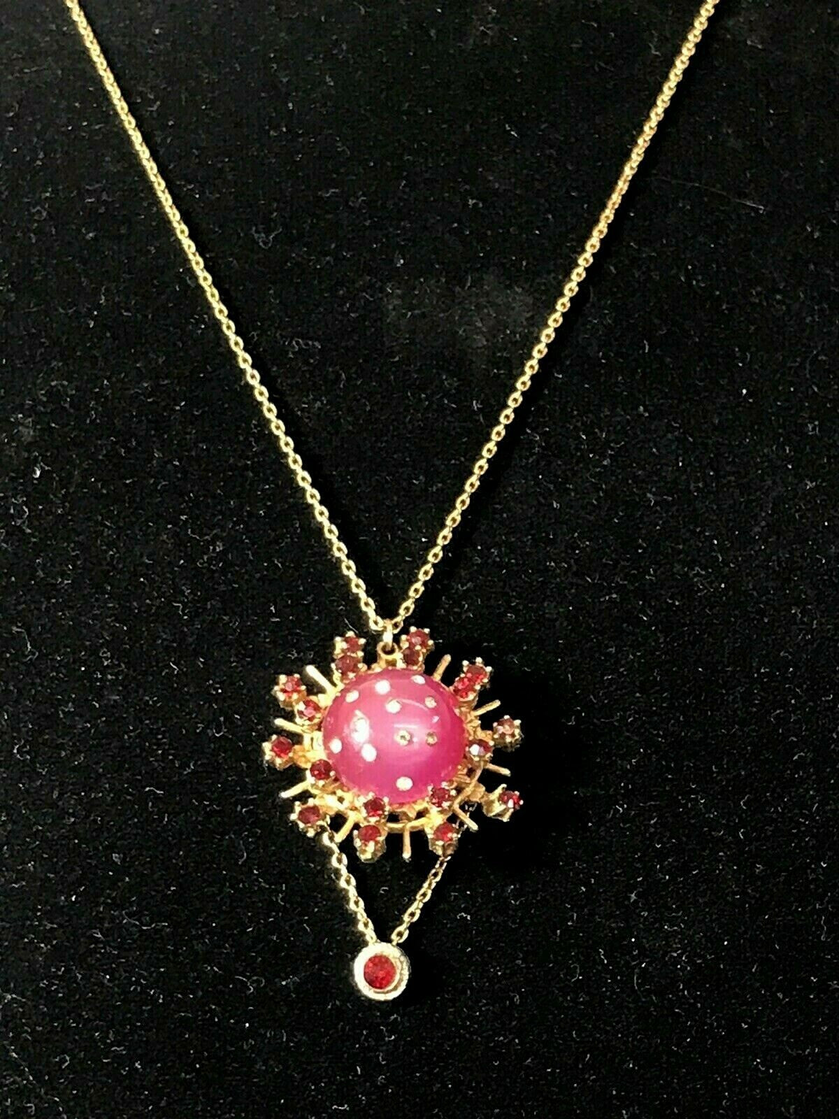 Vtg Celestial Moon and Stars Pendant Faux Amethyst Cabochon w Rhinestones Rubies