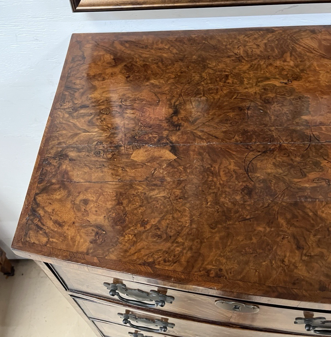 PERIOD ENGLISH REGENCY BURLED WALNUT BOW FRONT TALL CHEST OF DRAWERS