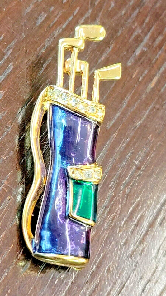 Vtg 1970s Krementz Brooch Pin Golfing Golf Bag Clubs Blue Green Enamel Gold Tone