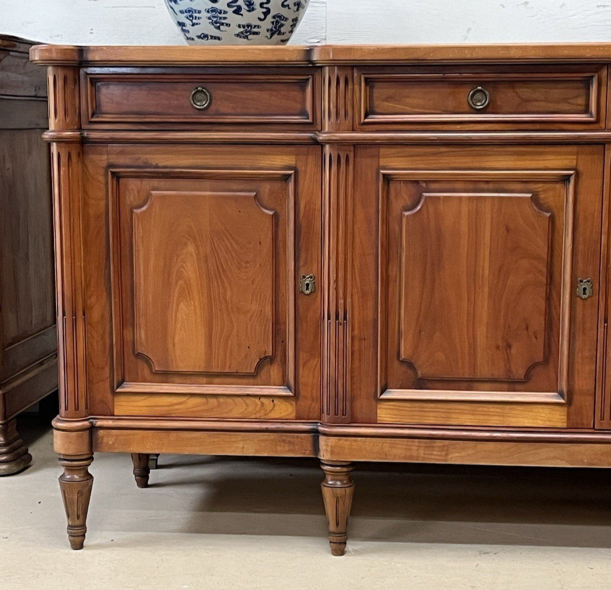 LOUIS XVI STYLE FRUITWOOD BREAKFRONT SIDEBOARD 86.5"