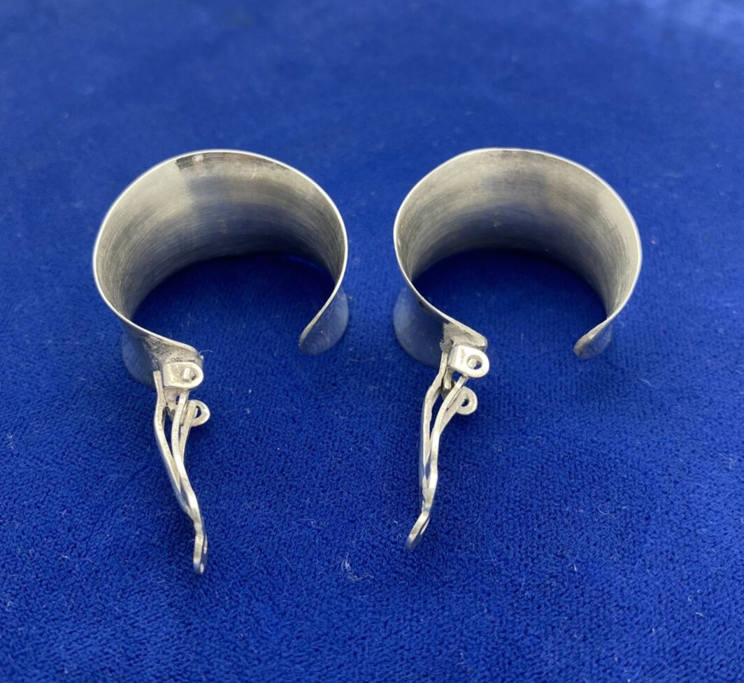 Vintage Sterling Silver Wide Half Hoop Clip On Earrings Marked 925