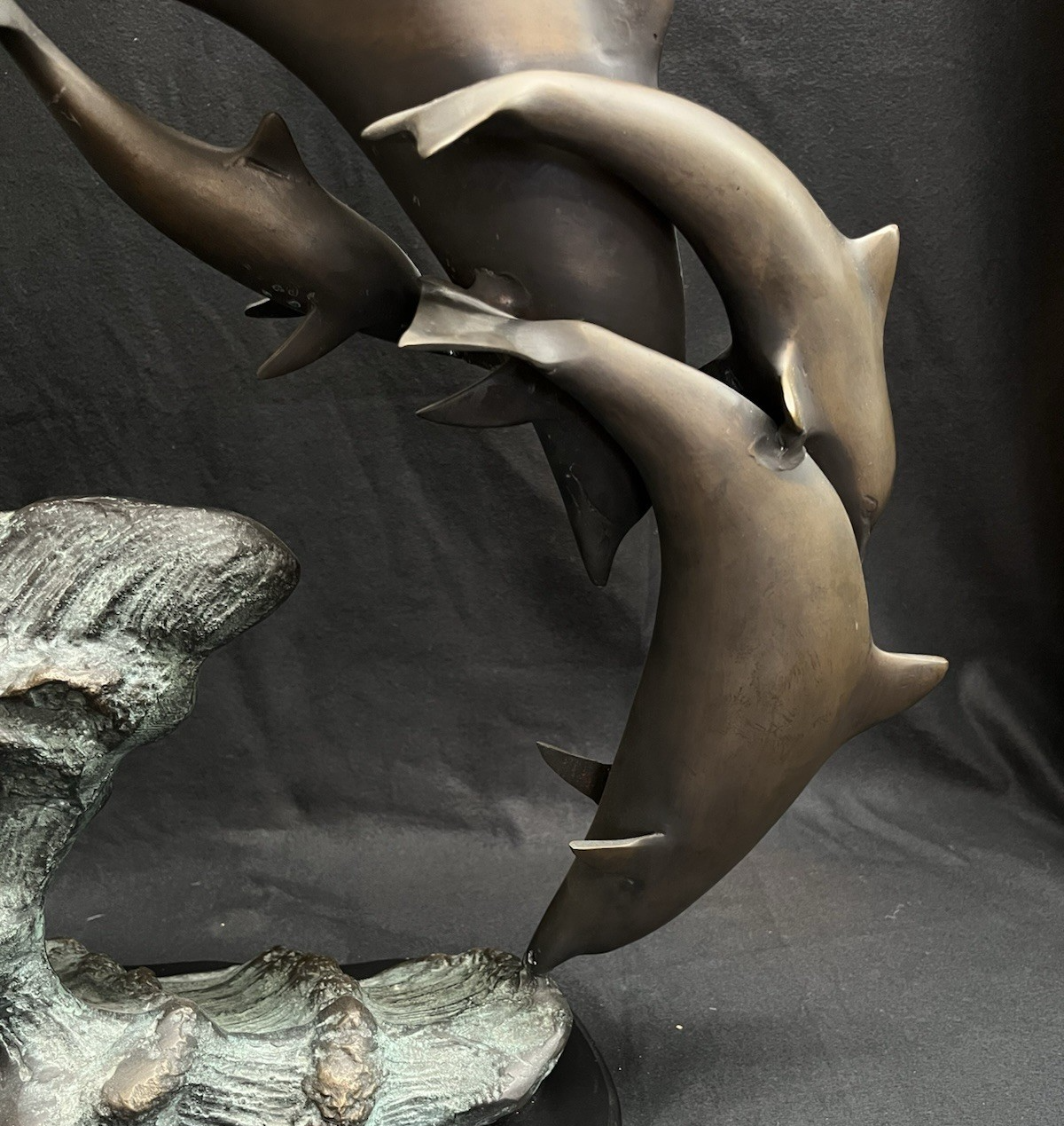 PB6 Bronze School of Dolphins Ocean Scene Statue w/ Wood Base 19"x 23"