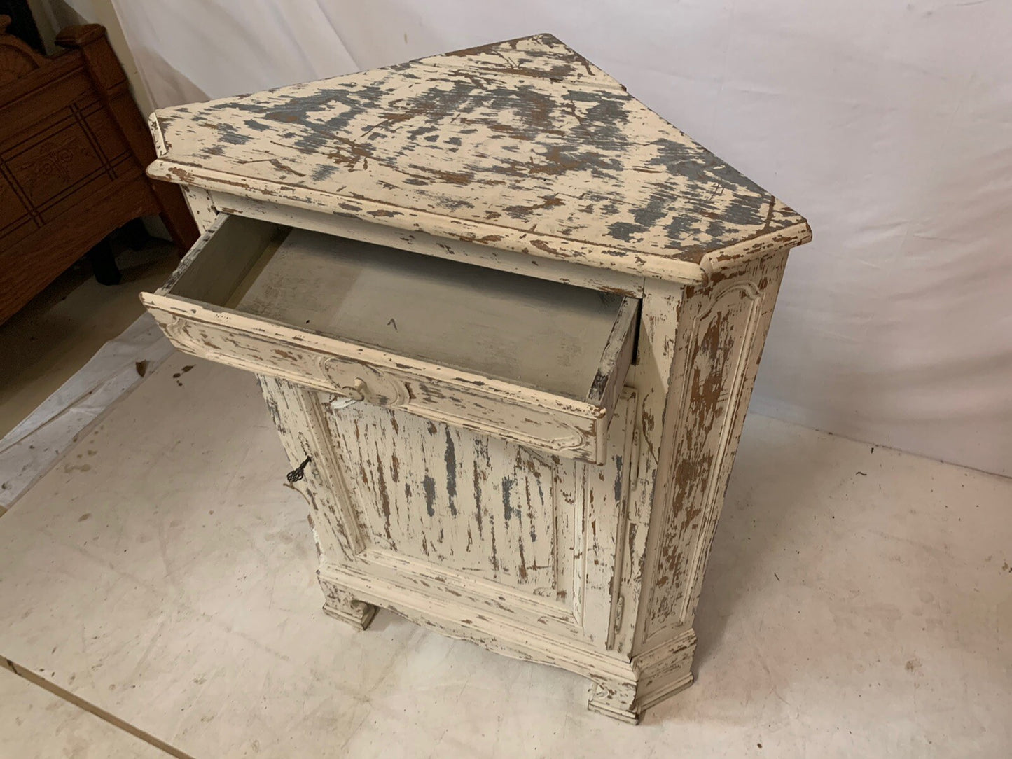 Antique French Provincial Painted Corner Cabinet Distressed Shabby Farmhouse