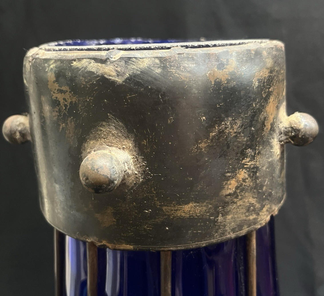 Murano Style Cylindrical Cage Bubble Blown Cobalt Glass Sculptural Ficture 18"