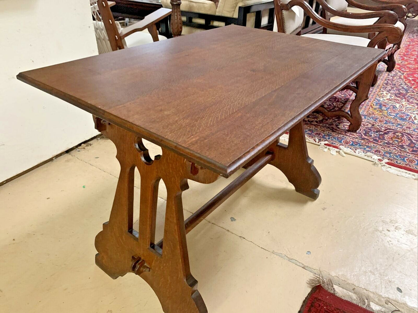 Antique French Solid Oak Gothic Ogee Writing Desk Table Bureau Plat Trestle