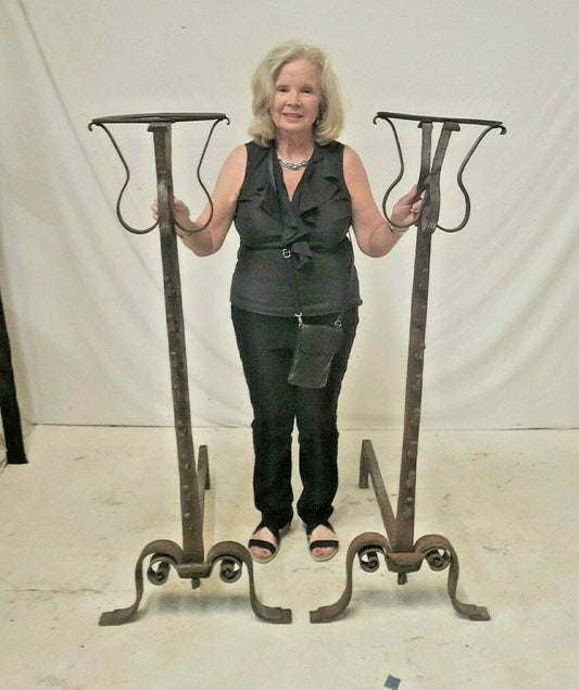 Pair Antique French Forged Iron Basket Top Cressset Andirons Fireplace Spit Dog