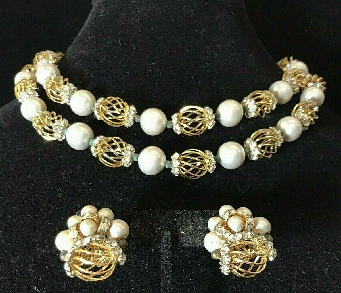 Vtg Signed Vendome Faux Pearls 2 Strand Necklace Gold Swirl Bead Rhinestone