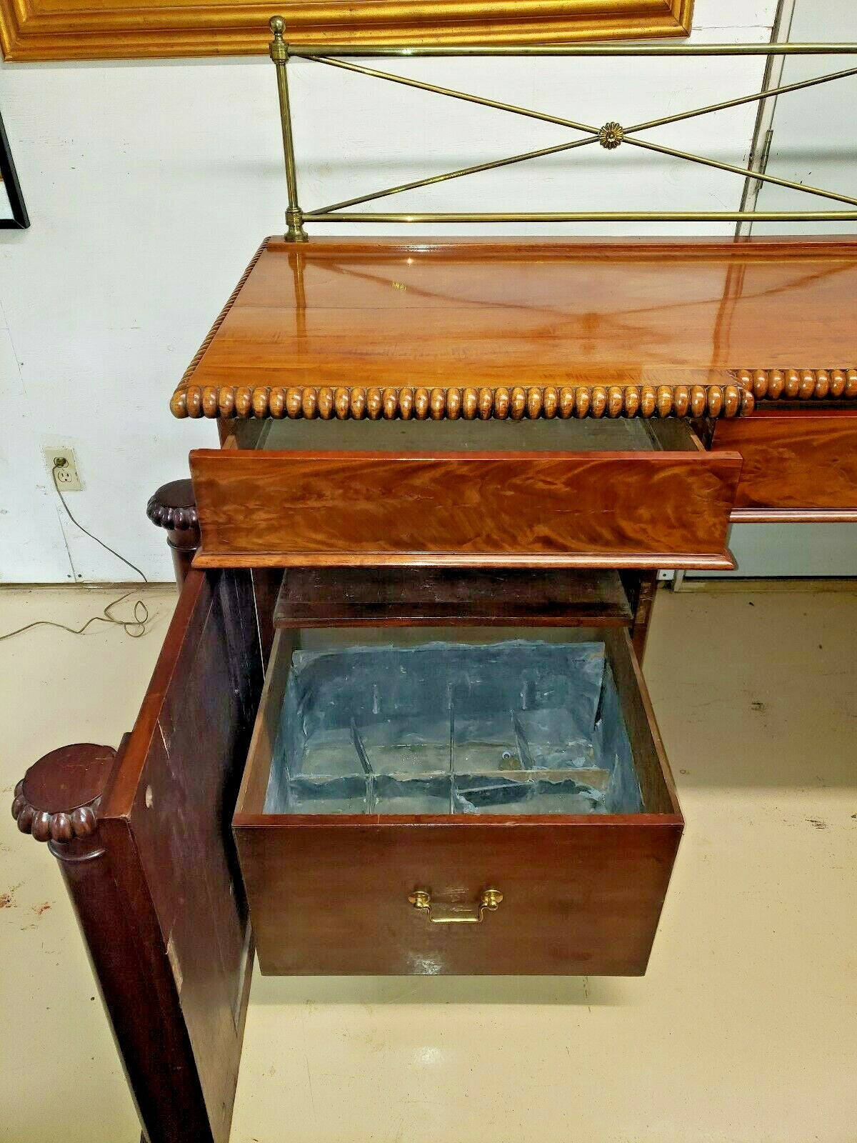 Antique English Mahogany Empire Server Buffet Sideboard Wine Cellarette 103"