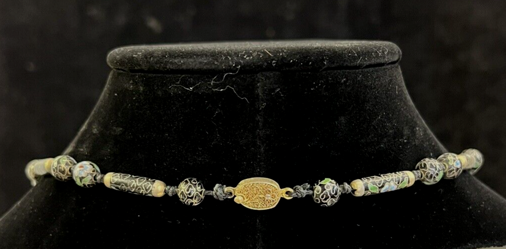 Antique Handmade 30" Cloisonne Necklace Hand Painted Black Enamel Floral Design