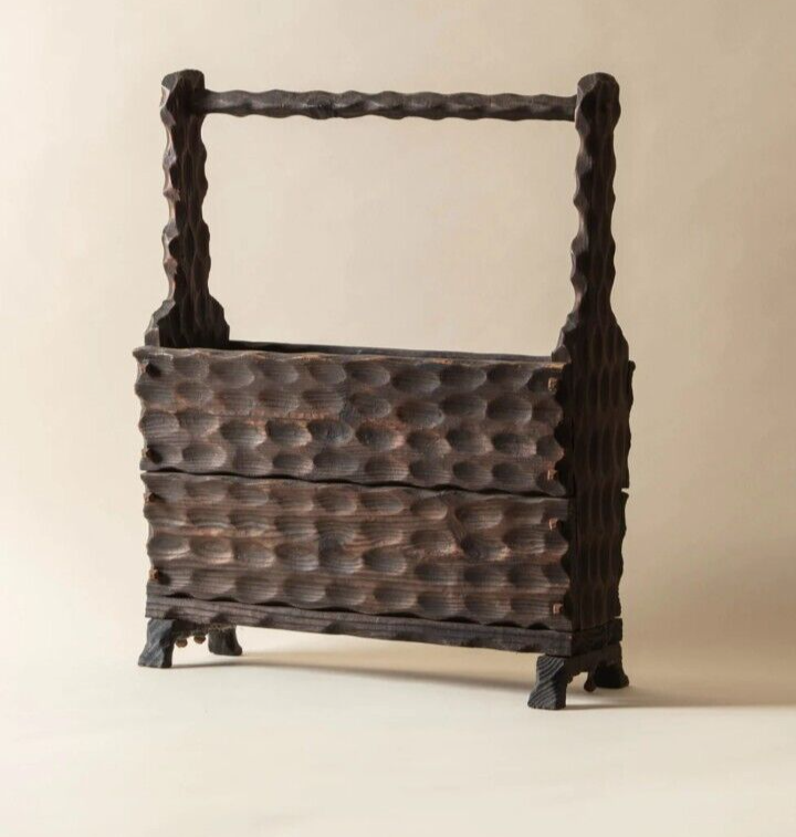 Spanish Brutalist Carved Wood Magazine Rack Vintage Farmhouse Lodge Rustic