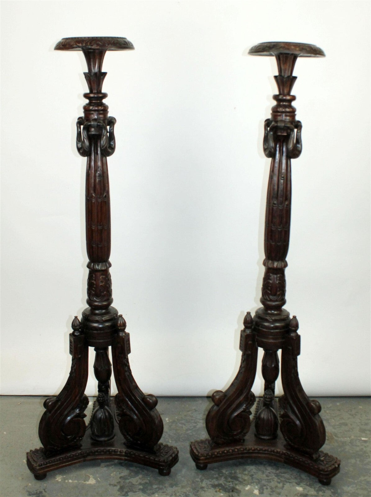 Pair of Classical Carved Mahogany Pedestal Plant Stands H 5 ft Scroll Base