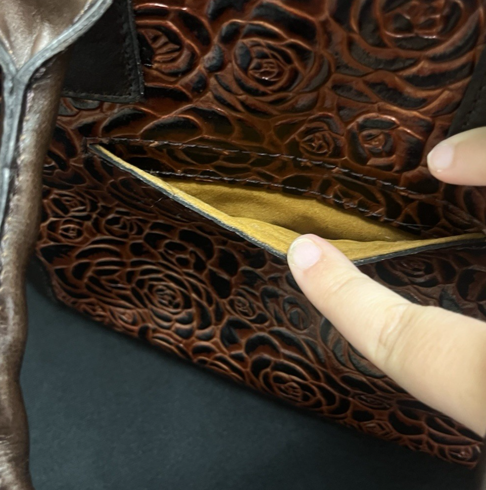 Patricia Nash Tooled Leather Brown Floral Tote Bag w/ Adjustable Strap 11.5"