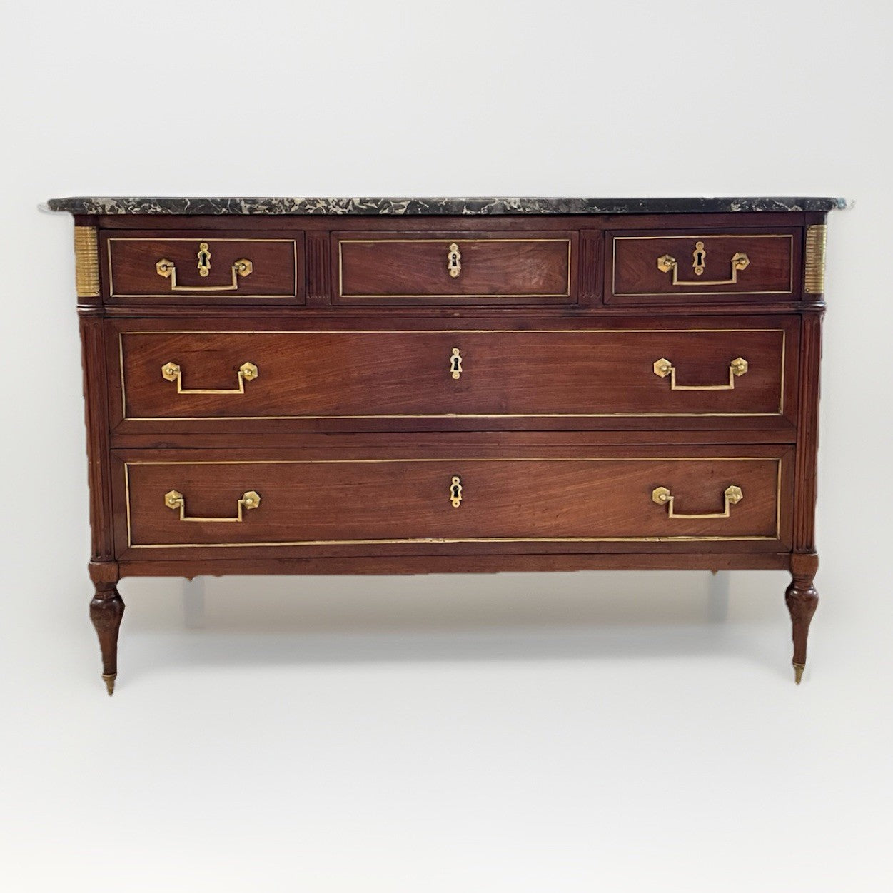 ANTIQUE FRENCH LOUIS XVI 5-DRAWER MAHOGANY COMMODE CHEST w/ GREY MARBLE TOP