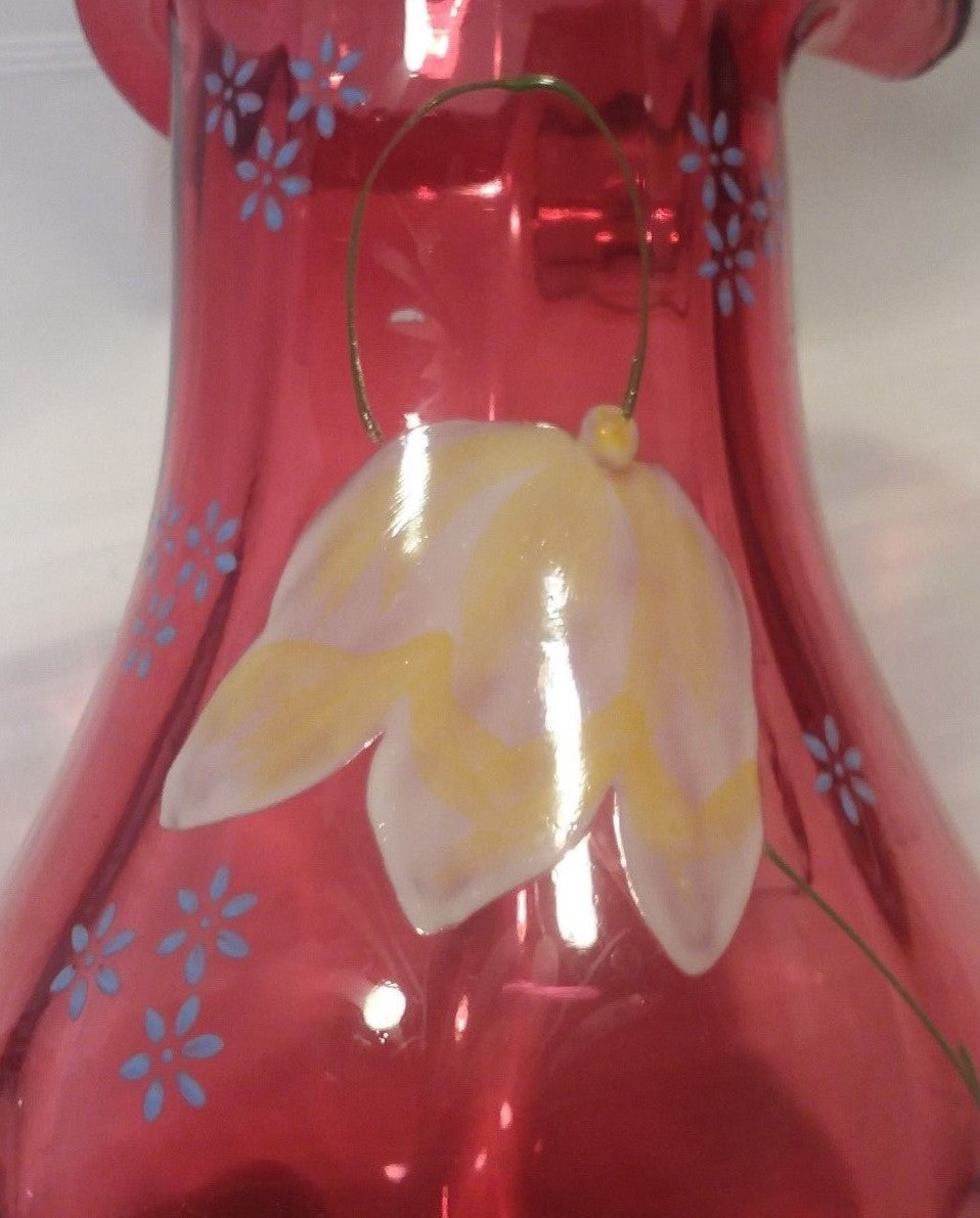 Antique Victorian  Cranberry Glass 9.5" Pitcher  Enameled w Yellow Tulip 100+yrs