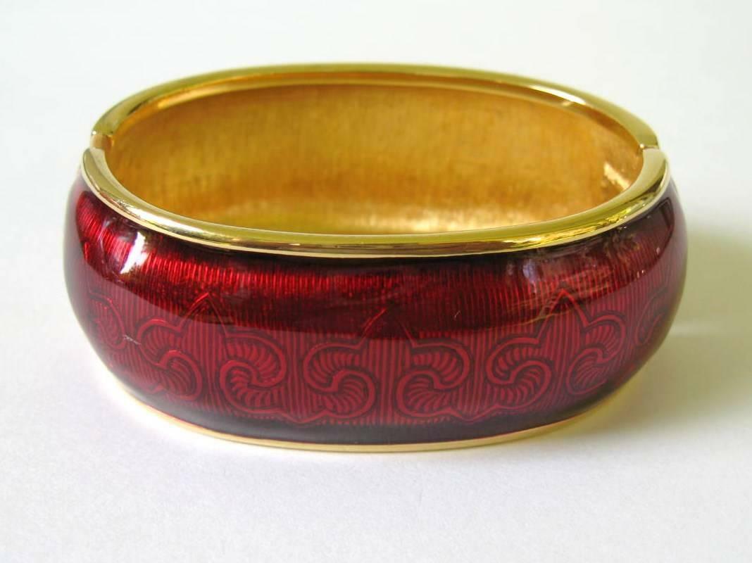 Swarovski Red Enamel Crystal Fleur De Lys Hinged Bracelet 1980s Guilloche $795