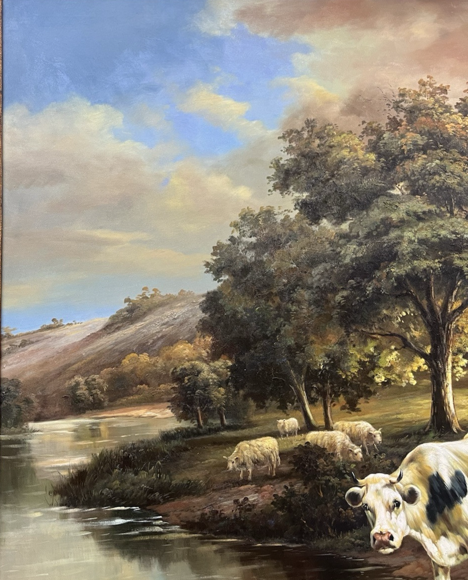 Large Agricultural Pastoral Cows Grazing Oil On Canvas Painting 58" x 70" CL6
