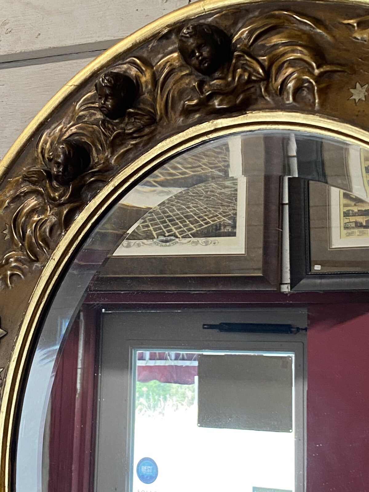 Antique Victorian Gold Oval Mirror w/ Cherub Faces and Wings
