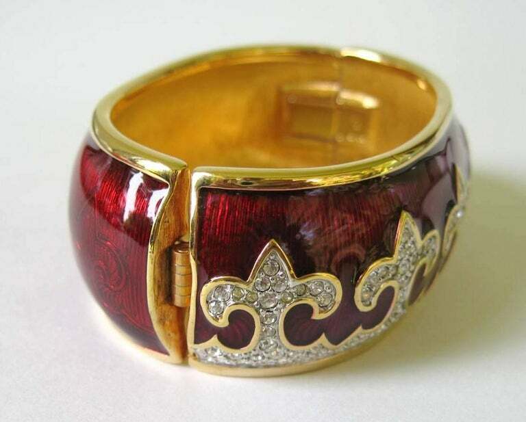 Swarovski Red Enamel Crystal Fleur De Lys Hinged Bracelet 1980s Guilloche $795