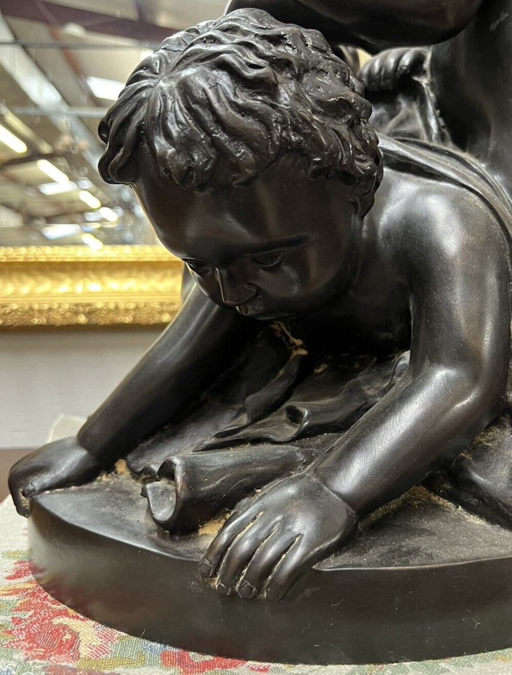 Beautiful Tabletop Solid Bronze Statue of 3 Children Playing Green Patina H 21"