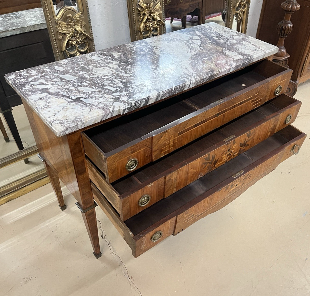 ANTIQUE FRENCH LOUIS XVI MARBLE-TOP INLAID MARQUETRY COMMODE CHEST OF DRAWERS