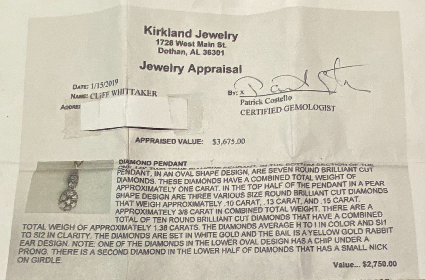 14K Gold 10 Diamond Approx 1.38 cts Pendant 2.9g SI1-SI2 TESTED Sterling Chain