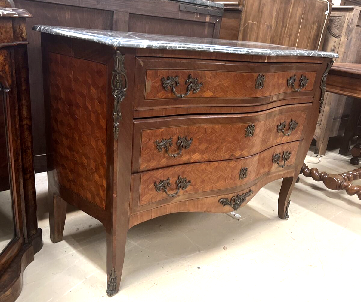 Antique French Louis XV Commode Chest of Drawers Marble Top Marquetry Pattern