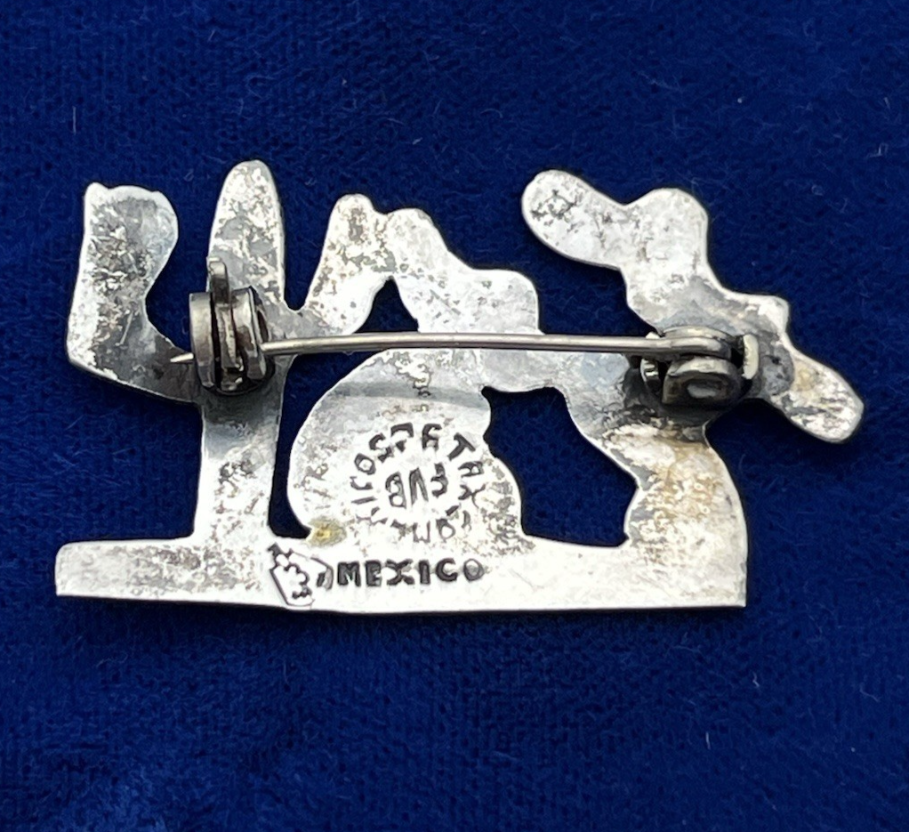 Vintage Handmade Sterling Silver (.925) Taxco Man is Hat & Cactus Brooch 2.8g