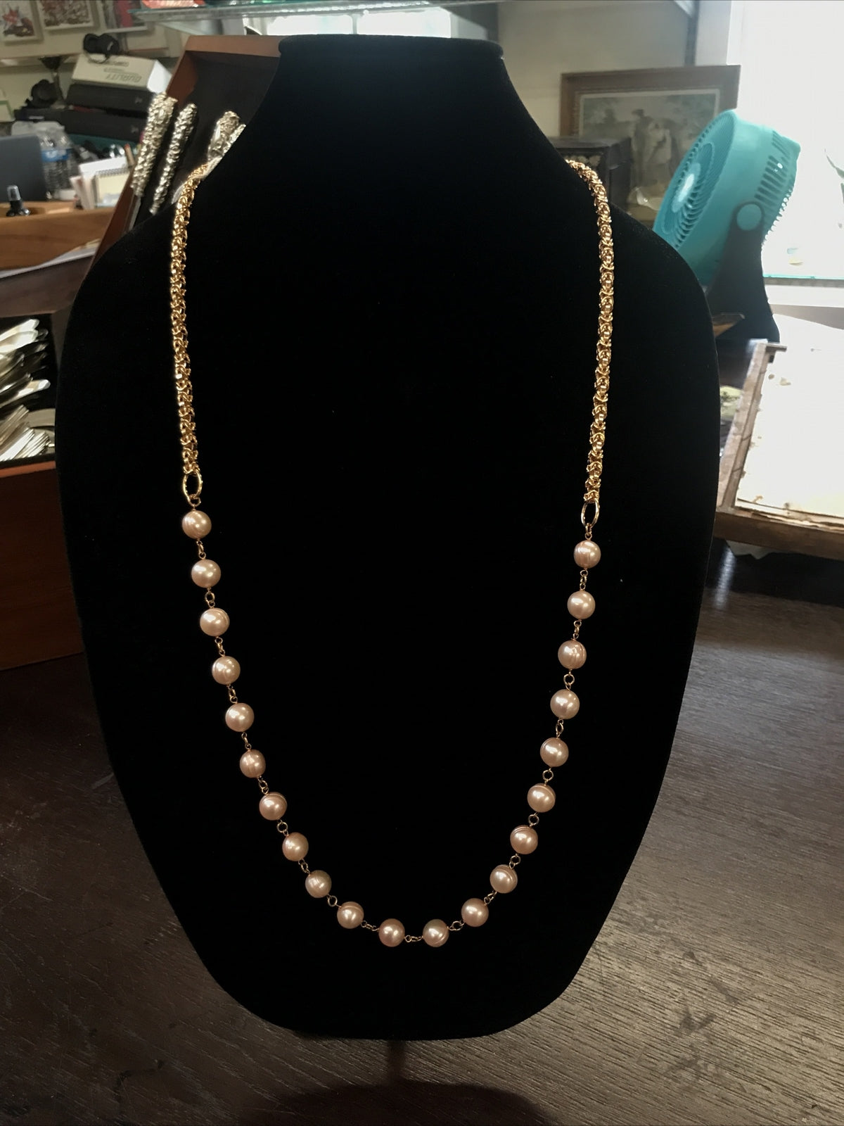 HONORA Bronze ITALY Baroque Pink Pearl 36" NECKLACE w/Byzantine Chain