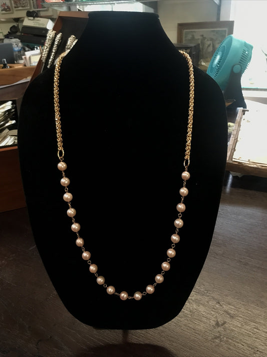 HONORA Bronze ITALY Baroque Pink Pearl 36" NECKLACE w/Byzantine Chain