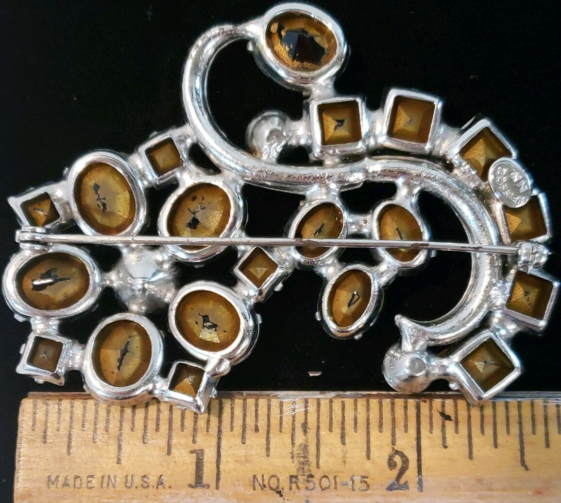Vintage Signed Weiss Smoky Gray & Crystal Rhinestone Brooch Prong Set