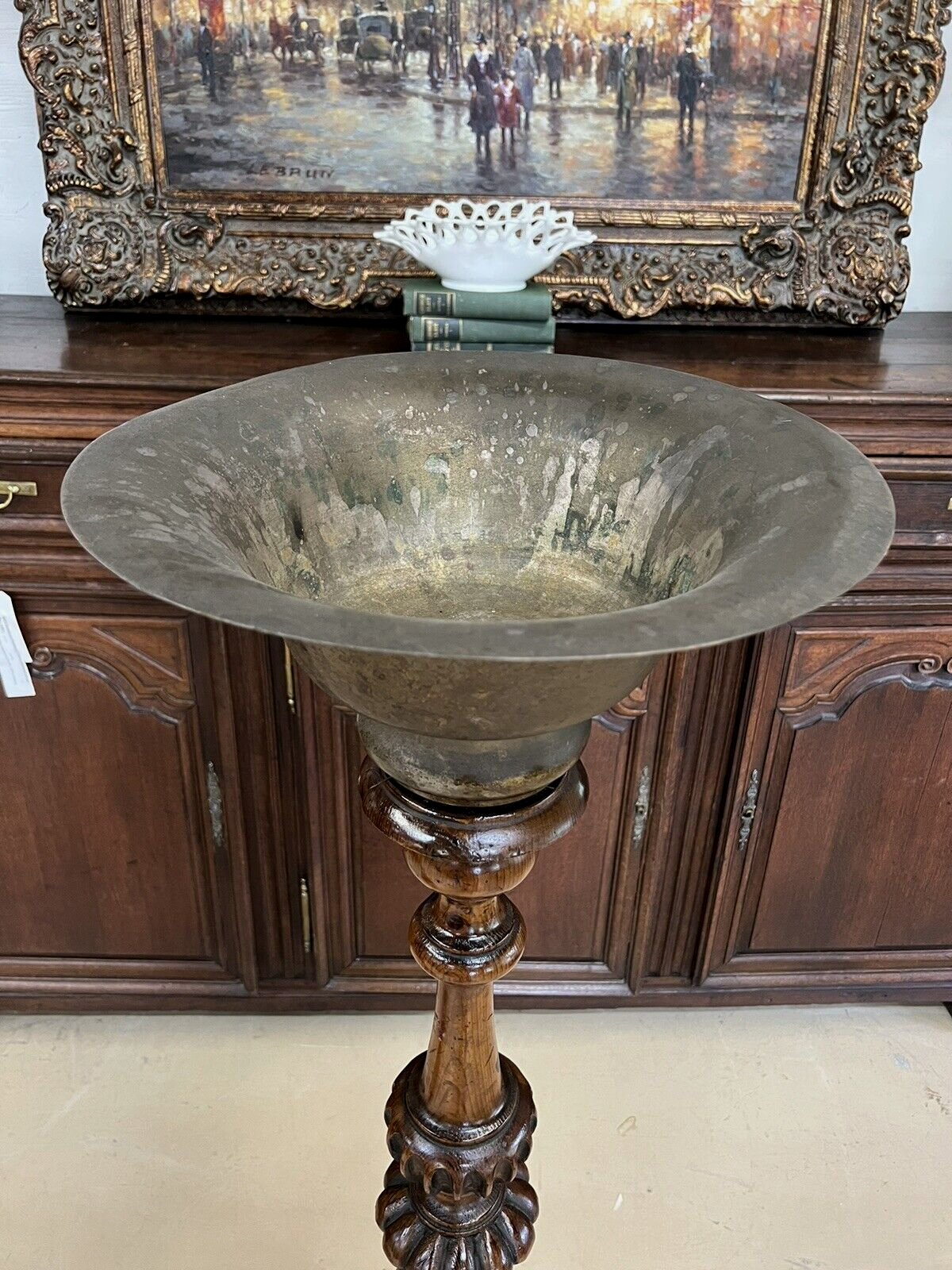 Pair of Antique French Oak Tall Pedestals brass planters jardinière entryway