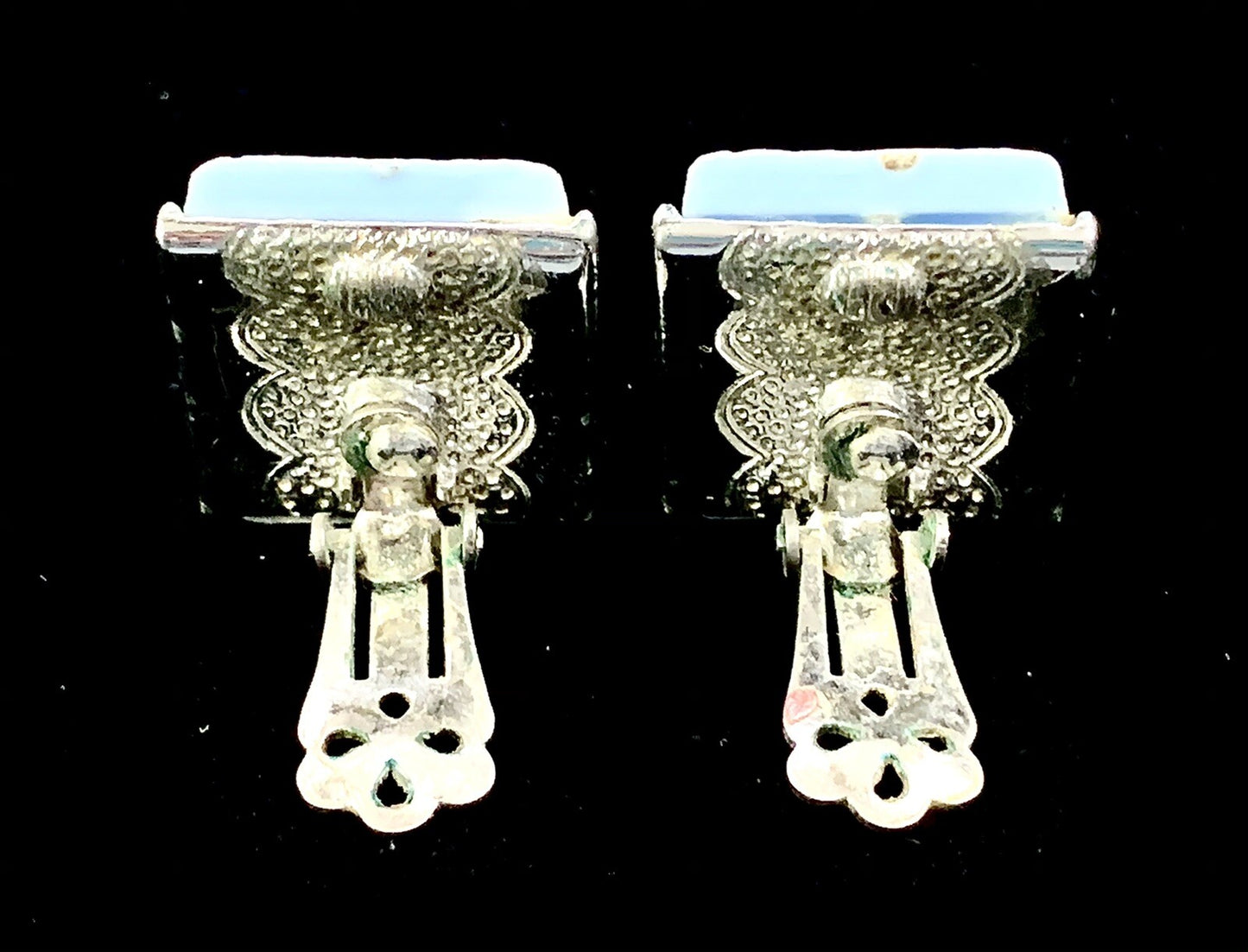 Rare Vtg Retro Signed Coro Blue Thermoset Silver Spikelet Clip Earrings MCM