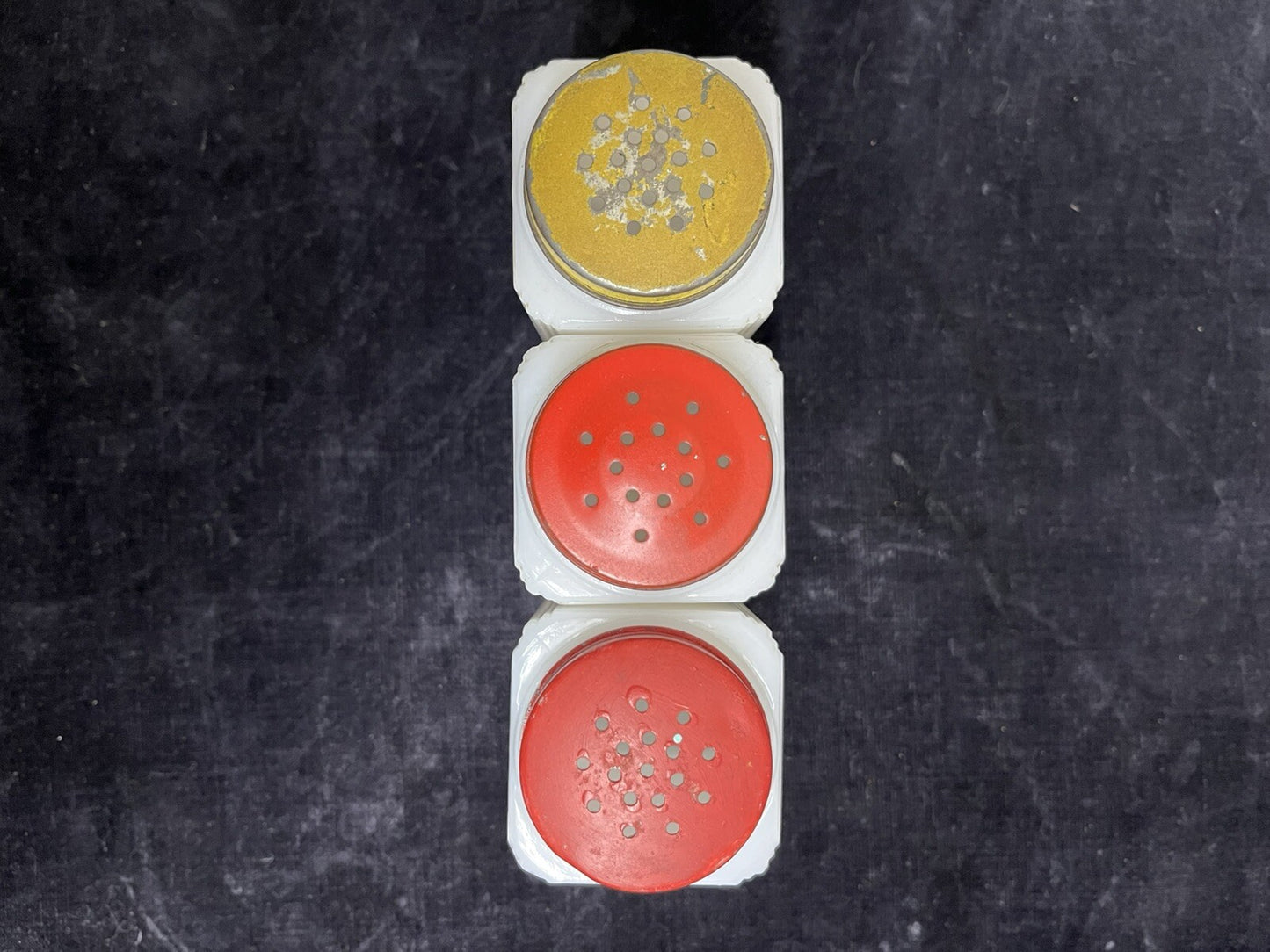 Tipp City Milk Glass Red and Yellow Poppies Shakers Set of 3