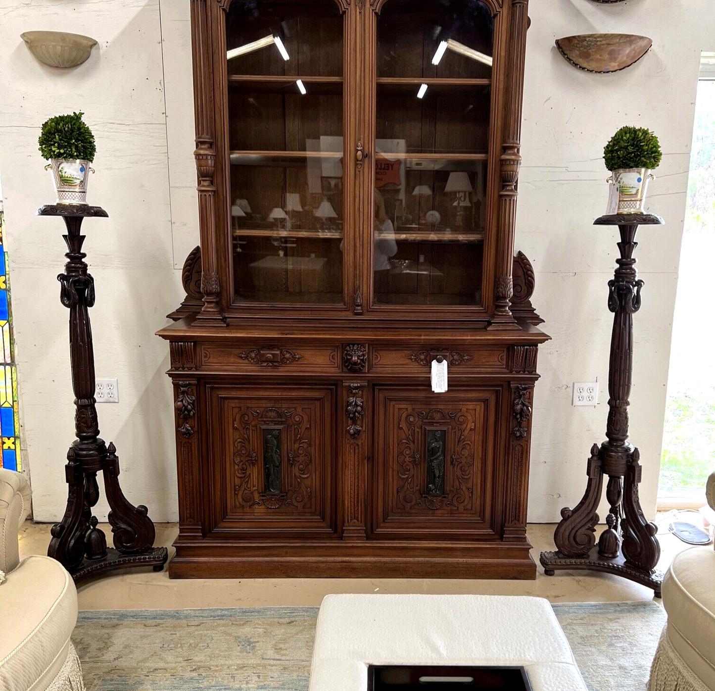 Pair of Classical Carved Mahogany Pedestal Plant Stands H 5 ft Scroll Base