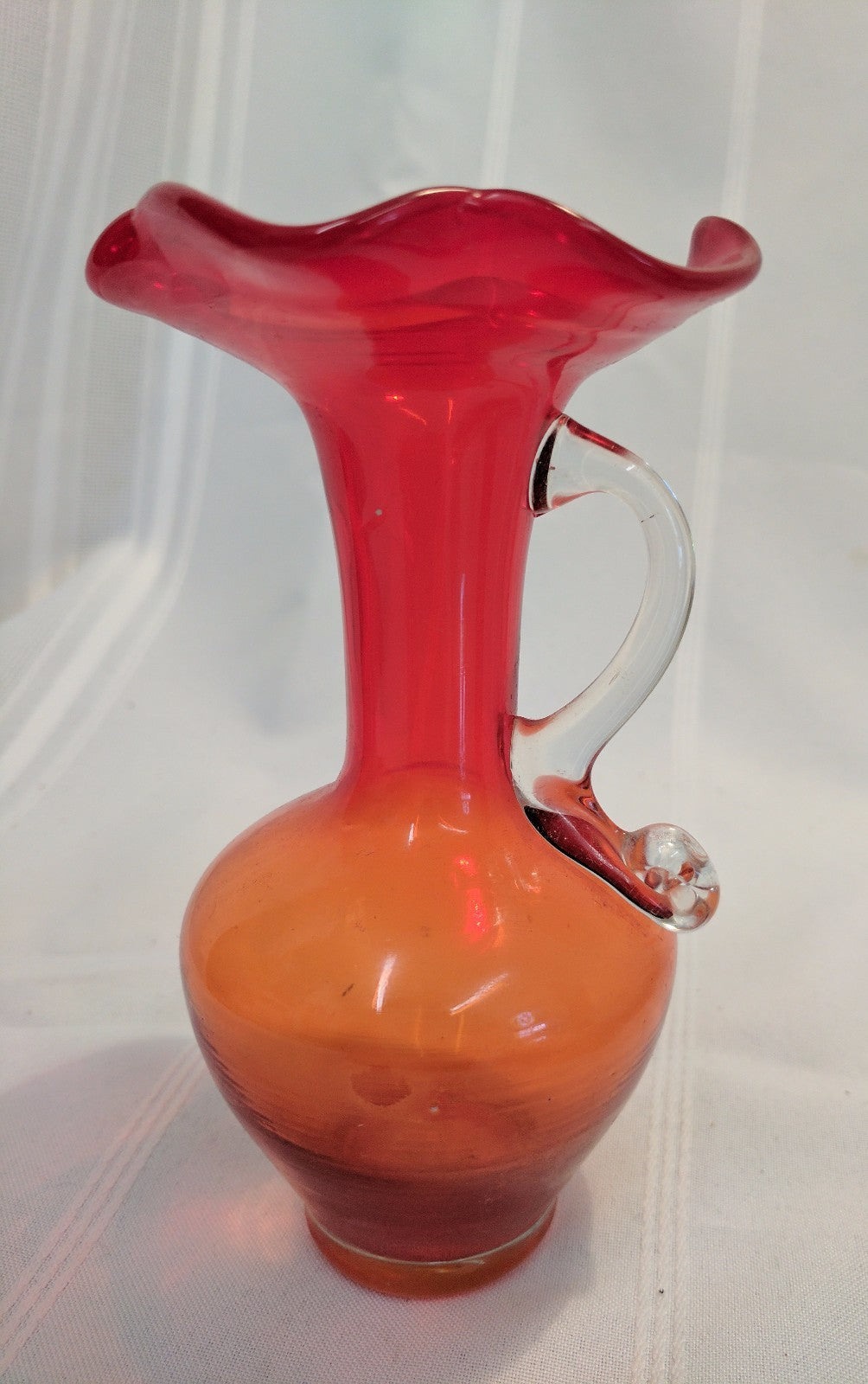 Vintage Hand Blown Art Glass Tangerine/ Amberina Pitcher w Handle Ruffled Top