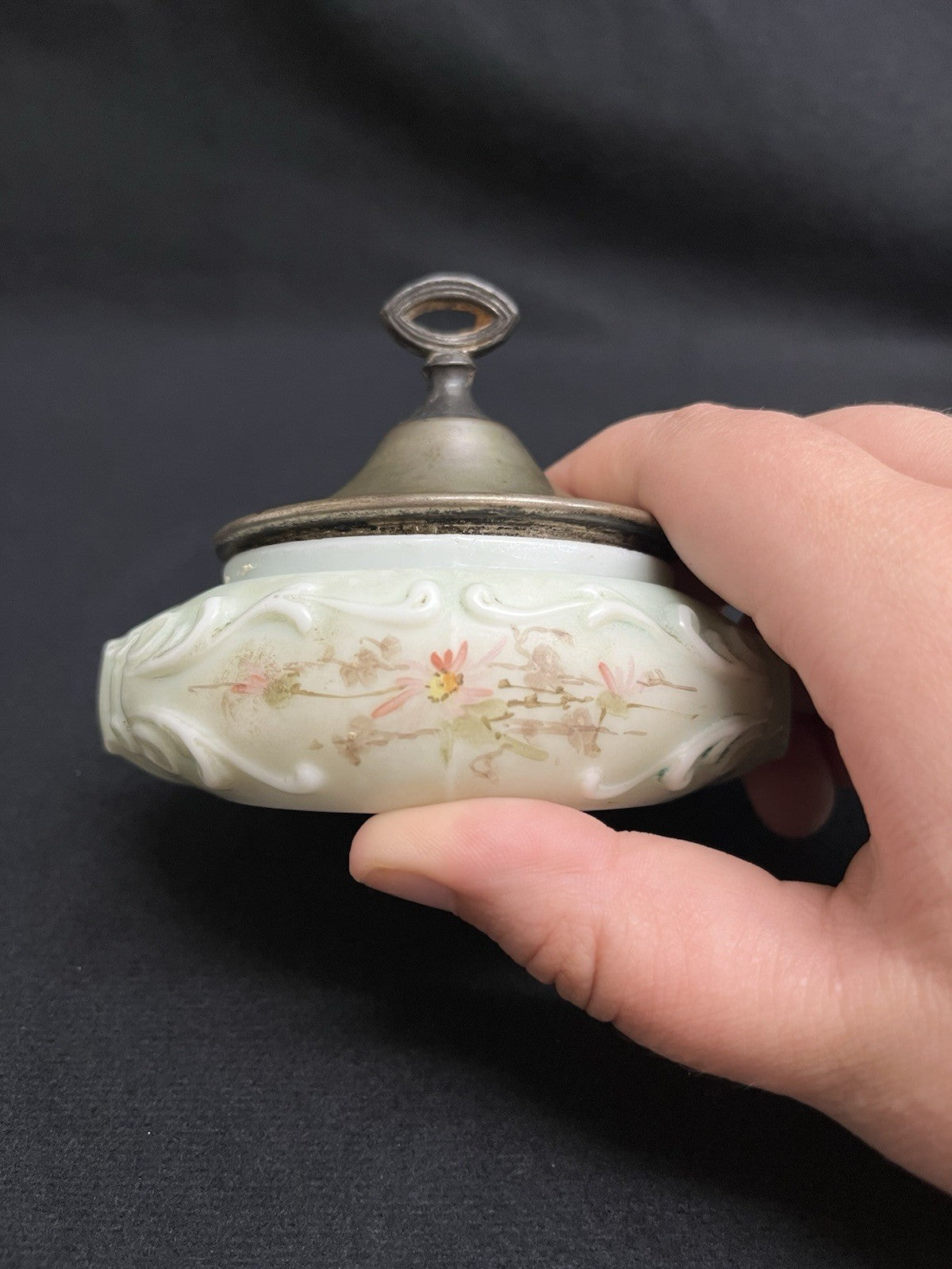 C.F. Monroe Co. Wave Crest Hand Painted Opal Glass Dresser Dish with Lid 4"