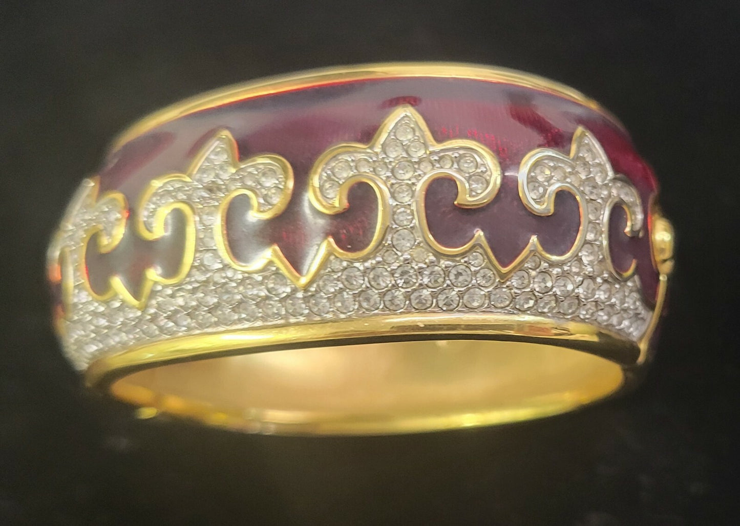 Swarovski Red Enamel Crystal Fleur De Lys Hinged Bracelet 1980s Guilloche $795
