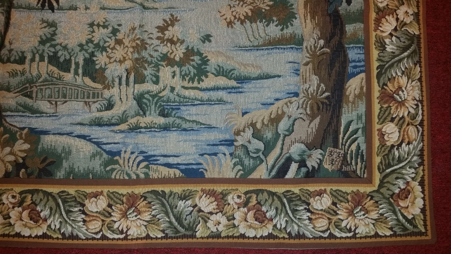 Tapestry Landscape with Bridge 35"x45" Foret de Marly Hunting Ground of Fr Kings