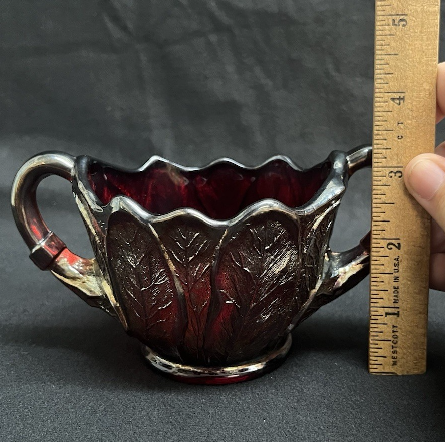 Vintage Imperial Glass Iridescent Everglade Sunset Ruby Red Creamer & Sugar