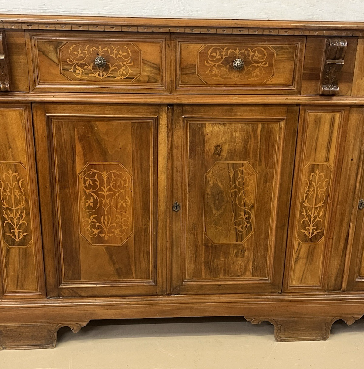 LARGE ITALIAN BURLED WALNUT & MARQUETRY SIDEBOARD, 94"L