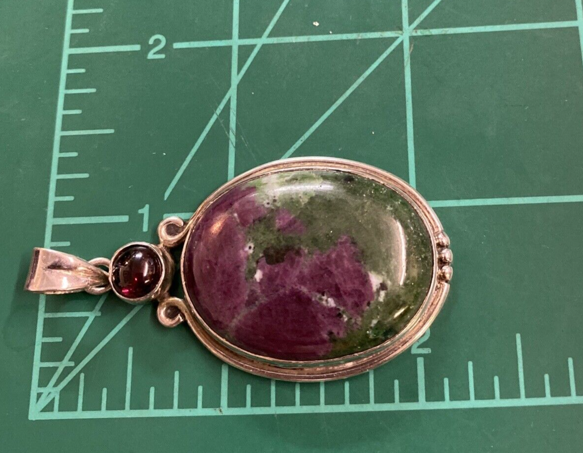 925 Sterling Silver Large Ruby Zoisite & Garnet Gemstone Pendant 20.6g