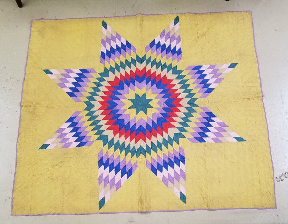 HANDSTITCHED PATCHWORK DIAMOND PATTERN QUILT BEDSPREAD 65" x 77" early 1900's AL