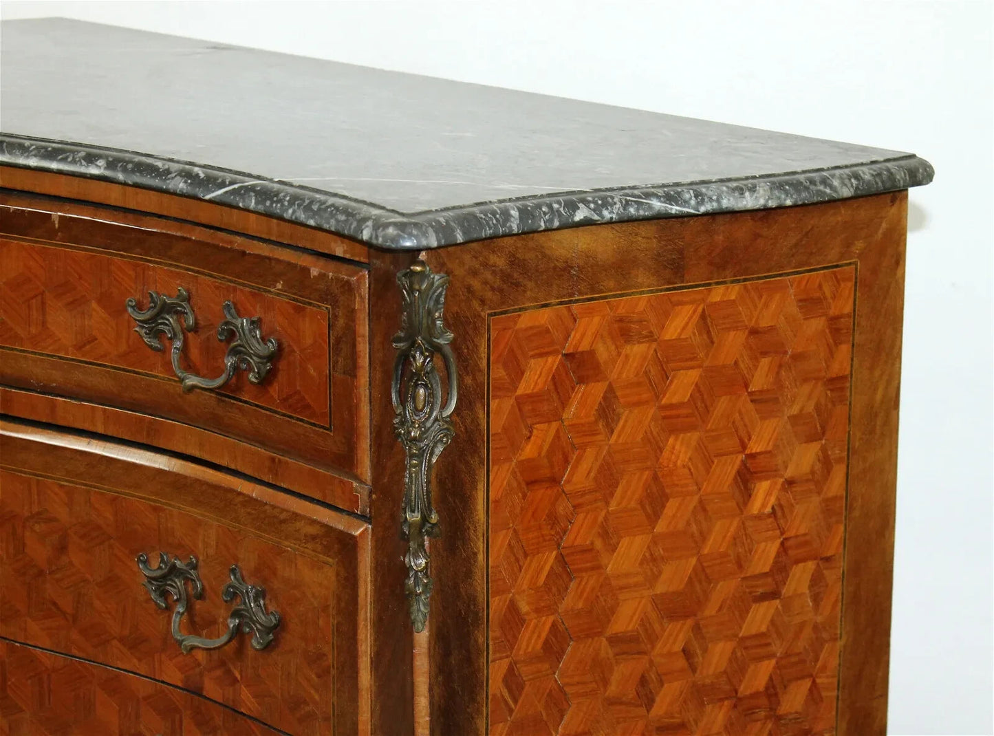 Antique French Louis XV Commode Chest of Drawers Marble Top Marquetry Pattern