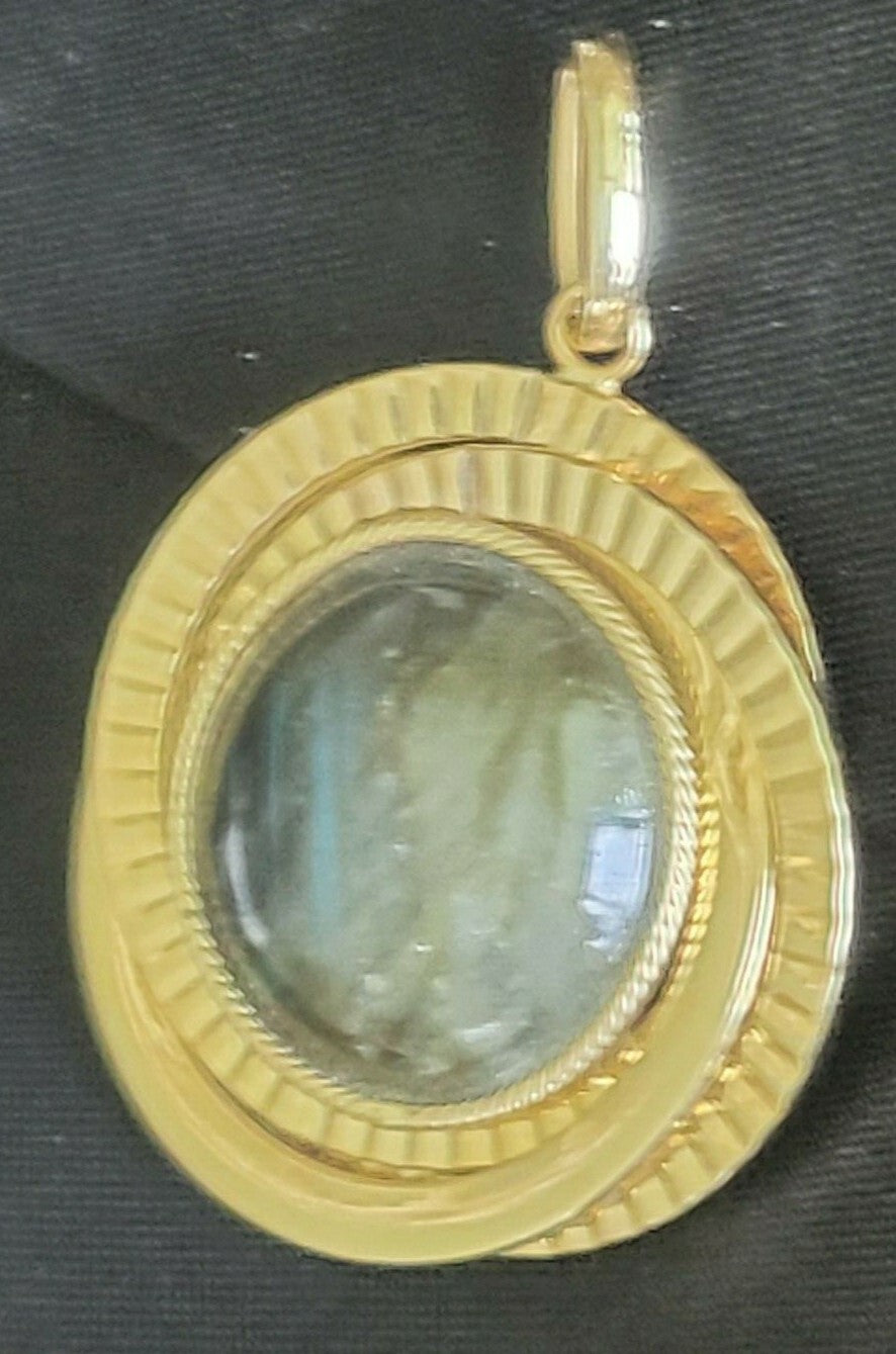 Italian Gold Reversible Druzy Quartz Labradorite Pendant 14K MSRP $595 8.3 grams