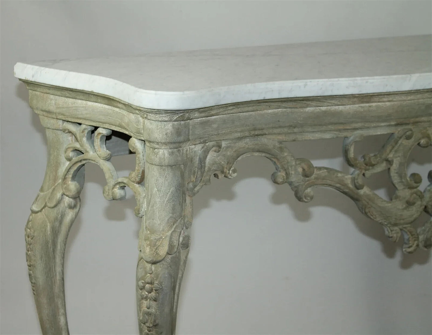 Antique Italian Pierced & White Washed Console Table w/ Marble Top